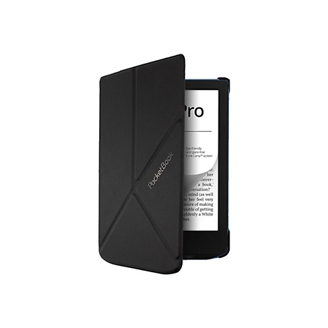 Schwarze Schutzhülle für PocketBook E-Reader mit geometrischem Muster, die den Bildschirm halb verdeckt.