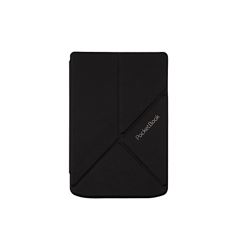 Schwarze PocketBook Schutzhülle für E-Reader mit geometrischem Faltmuster und Logo auf weißem Hintergrund.