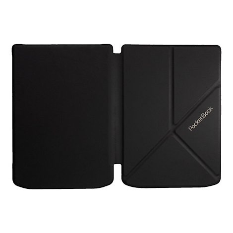 Schwarzes aufklappbares PocketBook-Schutzcover mit geometrischem Faltmuster und Logo auf der Vorderseite.