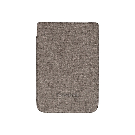 Eine rechteckige, braune E-Book-Reader-Hülle mit Textilstruktur und eingeprägtem PocketBook-Logo.