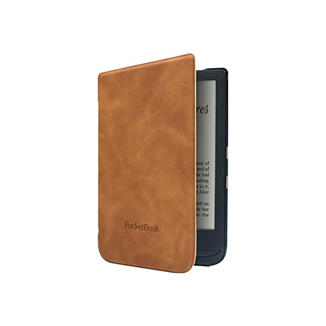 E-Book-Reader mit brauner Lederhülle und PocketBook-Schriftzug vor weißem Hintergrund.