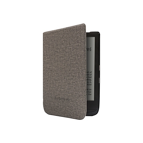 E-Reader in einer grauen Stoffhülle mit Textanzeige auf dem Display.