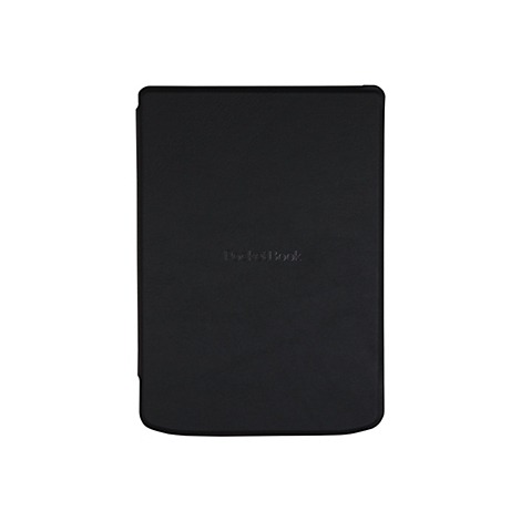Schwarze PocketBook-Schutzhülle für E-Reader in Lederoptik mit geprägtem Logo.