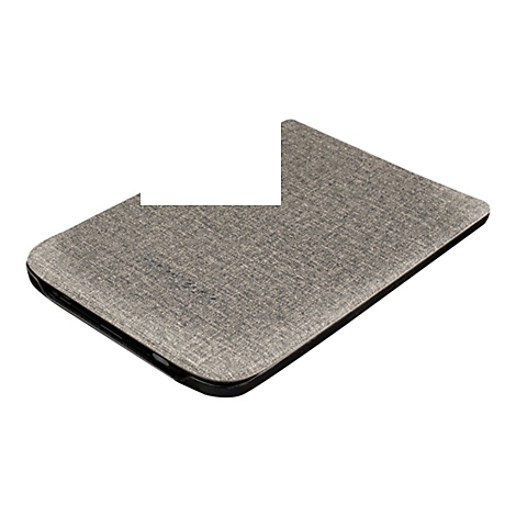 Eine graue E-Reader-Hülle mit stoffartiger Textur auf weißem Hintergrund.