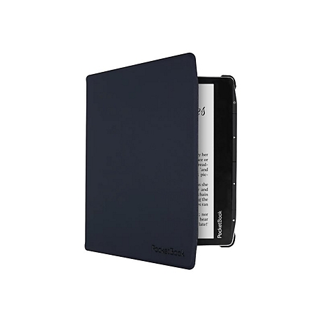 Dunkelblaue Schutzhülle für einen E-Reader, teilweise geöffnet, zeigt den Bildschirm.