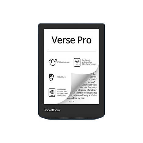 PocketBook Verse Pro E-Reader mit umgeblätterter Seite und Funktionsübersicht auf dem Display.