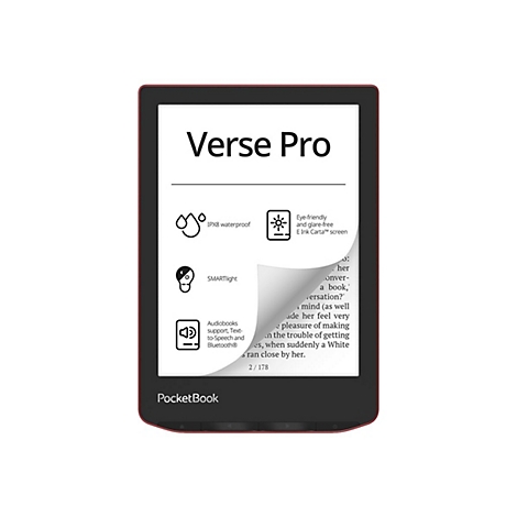 PocketBook Verse Pro E-Reader mit umgeblätterter Ecke zeigt Texte und technische Merkmale auf dem Display.