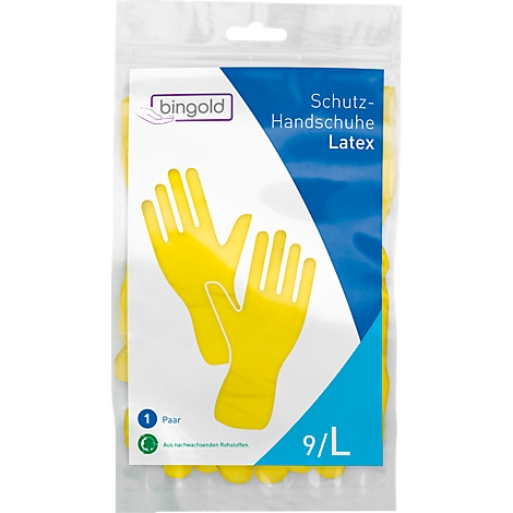 Gele latex beschermende handschoenen in een transparante verpakking, met opdruk en logo.