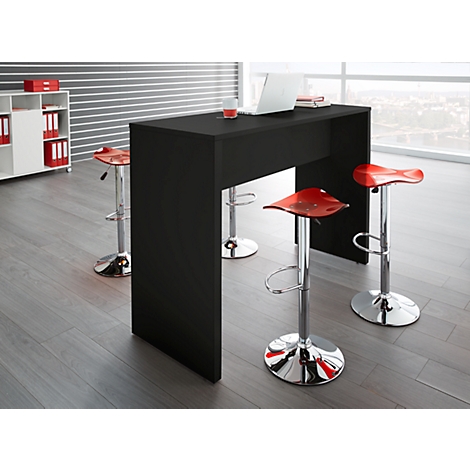 Black standing table with red bar stools, laptop and view from the window.
