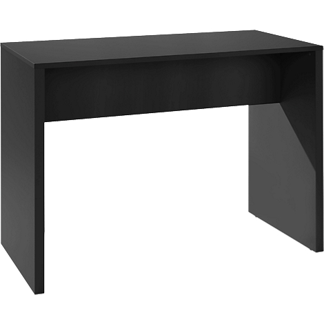 Black desk with a rectangular tabletop and two legs.
