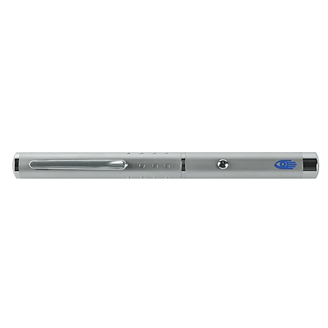 Pointeur laser argenté et élégant avec clip et logo bleu.