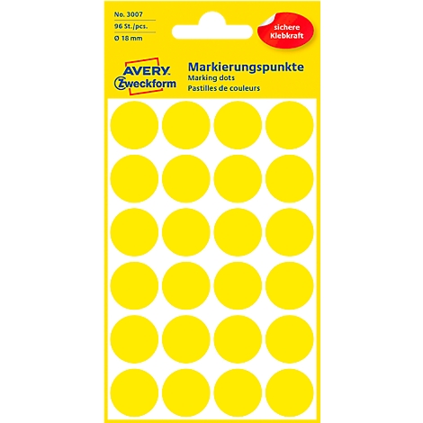 Points de marquage jaunes sur une feuille. Impressions : Avery Zweckform, points de marquage, adhérence sûre.
