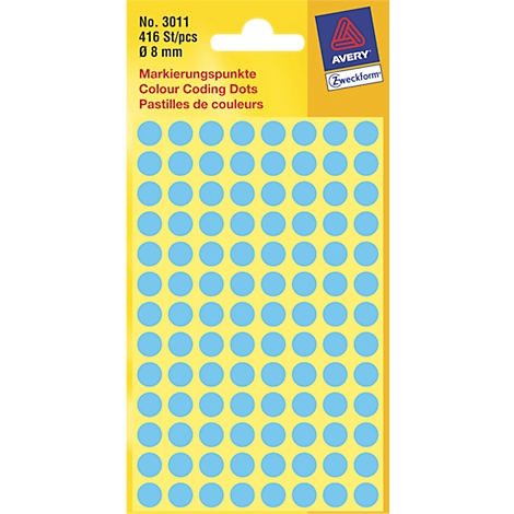 Points de marquage bleus et jaunes Avery. Autocollant avec le texte : "Markierungspunkte Colour Coding Dots".
