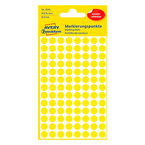 Points de marquage jaunes sur emballage jaune avec logo et texte.