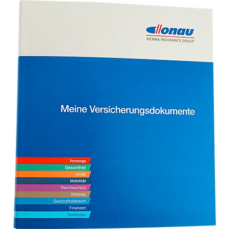 Blaues Versicherungsdokument mit Text 'Meine Versicherungsdokumente'. Logo 'Allonau'. Farbige Tags für Vorsorge, Gesundheit, Unfall, Mobilität, Rechtsschutz, Wohnen, Geschäftsbereich, Finanzen, Sonstiges.