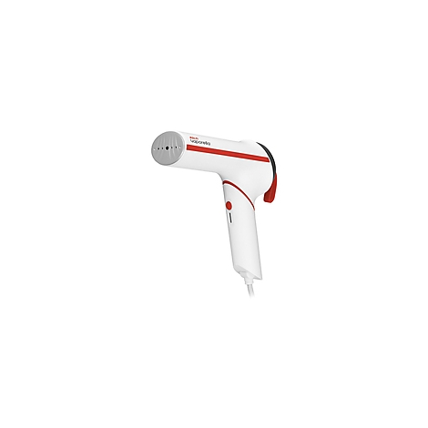 Weißer Steamer mit roten Akzenten und grauer Dampföffnung. Ein roter Knopf und Kabel sind sichtbar.