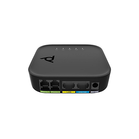 Routeur noir avec ports pour téléphone, LAN, internet et DC 12V.