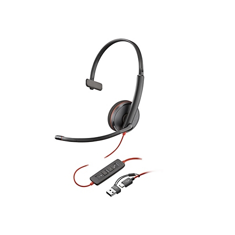 Casque noir avec câble rouge et télécommande intégrée. Le casque est équipé d'un microphone et d'un écouteur.