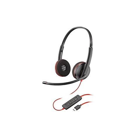 Casque noir avec des accents rouges et un microphone, câble avec télécommande et connecteur USB-C.