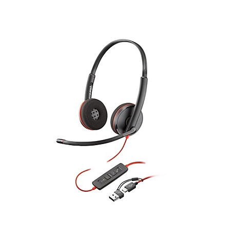 Schwarzes Headset mit rotem Kabel, Ohrmuscheln und Steuerung. Der Bügel hat den Schriftzug "Plantronics".