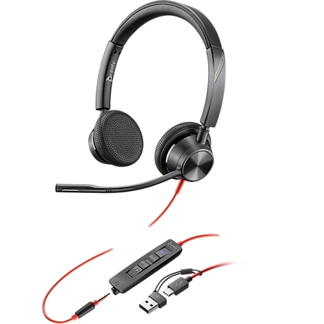 Black headset with microphone and red cable, next to it a control element with USB connection.