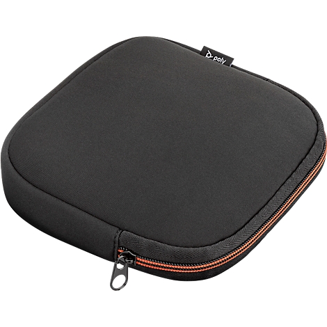 Black square carrying case with zipper and orange seam. "poly" is on the top.