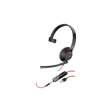 Schwarzes kabelgebundenes On-Ear-Headset mit Mikrofonarm und USB-Steuerungseinheit auf weißem Hintergrund.