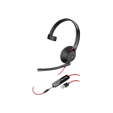 Schwarzes einseitiges Headset mit rotem Kabel und Kabelfernbedienung auf weißem Hintergrund.