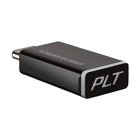 Adaptateur USB noir avec lettrage « Plantronics » et « PLT ».
