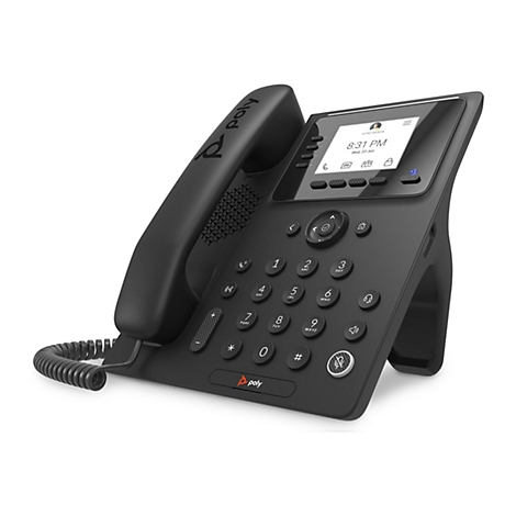 Ein schwarzes Tischtelefon mit einem Display, vielen Knöpfen und einem Hörer. Auf dem Display sind Uhrzeit und Datum zu sehen.