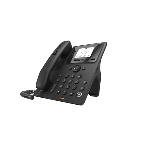 Ein schwarzes Festnetztelefon mit einem Bildschirm, der Uhrzeit und Datum anzeigt, sowie Tasten zur Anrufsteuerung. Auf der oberen linken Seite steht „poly“.