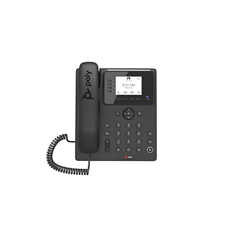 Schwarzes Poly-Tischtelefon mit Display und Wählscheibe. Auf dem Display ist die Uhrzeit und ein Anruf abgebildet.