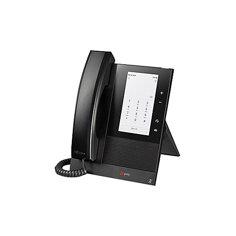 Schwarzes Poly IP-Telefon mit Touchscreen und Hörer auf weißem Hintergrund.