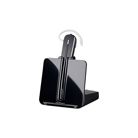 Schwarzes Plantronics Bluetooth-Headset in einer glänzenden Ladestation vor weißem Hintergrund.