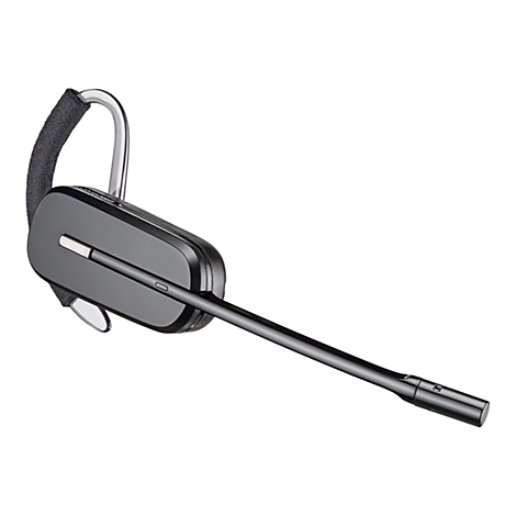 Drahtloses Bluetooth-Headset auf weißem Hintergrund. Es ist dunkelgrau, mit einem Mikrofon-Ausleger.