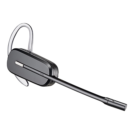 Drahtloses Bluetooth-Headset vor weißem Hintergrund. Es ist überwiegend schwarz mit einem transparenten Ohrbügel.