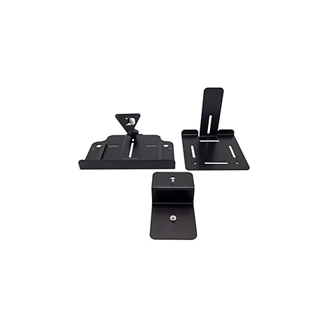 Trois pièces métalliques noires, probablement des supports, sur fond blanc. Différentes formes et tailles.