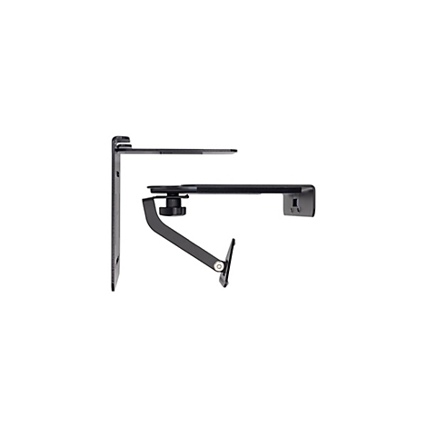 Un support noir coudé pour haut-parleurs, composé de deux éléments en forme de L et d'un bras réglable.
