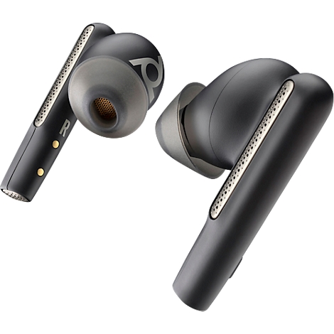 Close-up of two black earbuds. The right earbud has the letters 'R' and 'O' engraved on it.