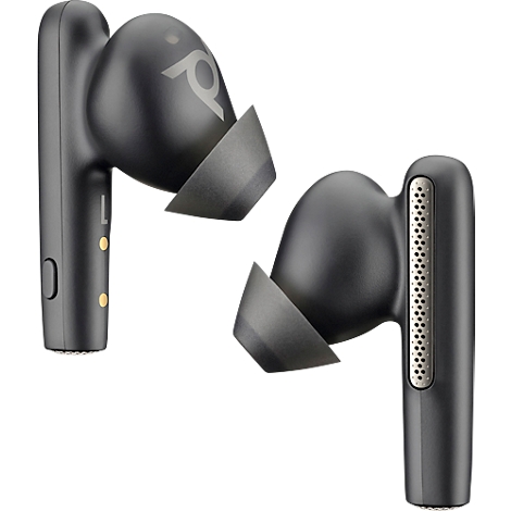 Two black wireless earbuds with gray ear tips. The company logo is visible on one of the earbuds.