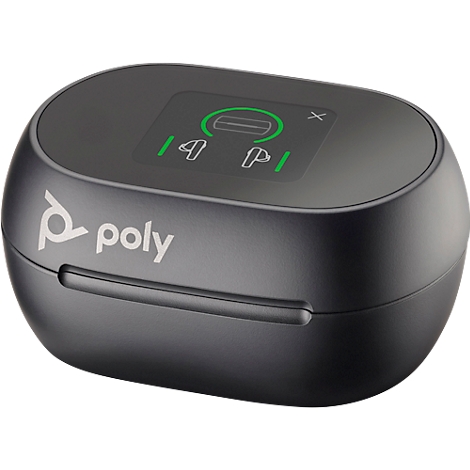 Dark grey charging case from Poly for wireless headphones, with green charging indicators.