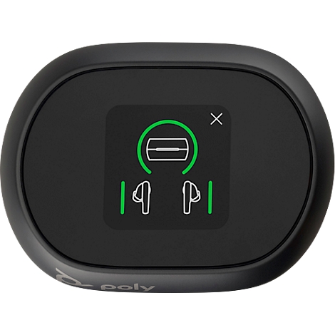 Black, oval device with screen. Green symbol of headphones in a circle.