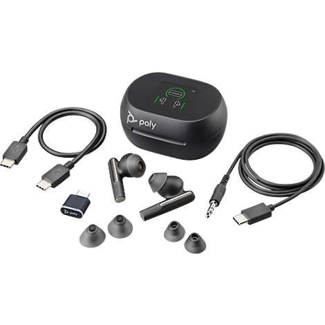 Black Poly earbuds, charging case, USB-C cable, adapter, and various ear tips on a white background.