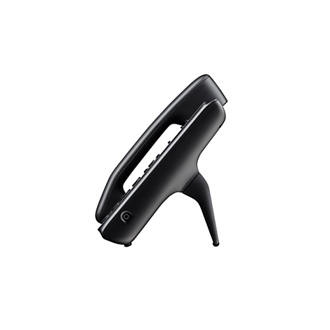 Un téléphone noir incliné sur fond blanc. Le téléphone a une forme incurvée et un support.