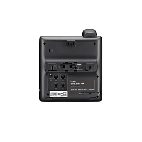 Dos d'un téléphone IP noir avec ports, étiquettes et logos sur fond blanc.