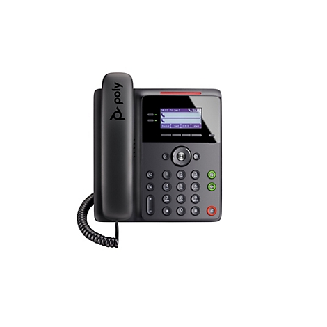 Téléphone Poly noir, vue de dessus. L'écran affiche l'heure, la date et des symboles. Boutons, combiné et logo Poly.