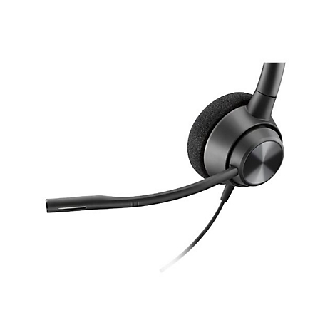 Drahtloses Headset in Schwarz, Nahaufnahme. Ein Ohrhörer mit Mikrofon und Kabel vor weißem Hintergrund.