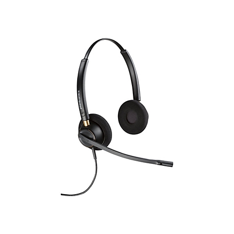 Schwarzes Plantronics Headset mit Bügel und Mikrofonarm vor weißem Hintergrund.