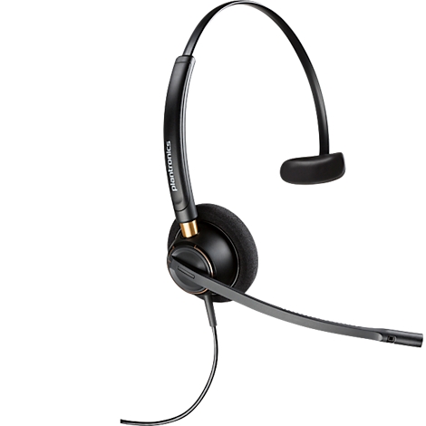 Black headset with microphone on white background. The headset has a headband that goes over the head and a cushioned earpiece.