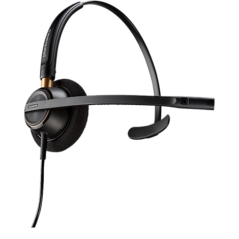 Black headset with headband and microphone, cable. Black ear cushion, adjustable headband. Plantronics lettering.